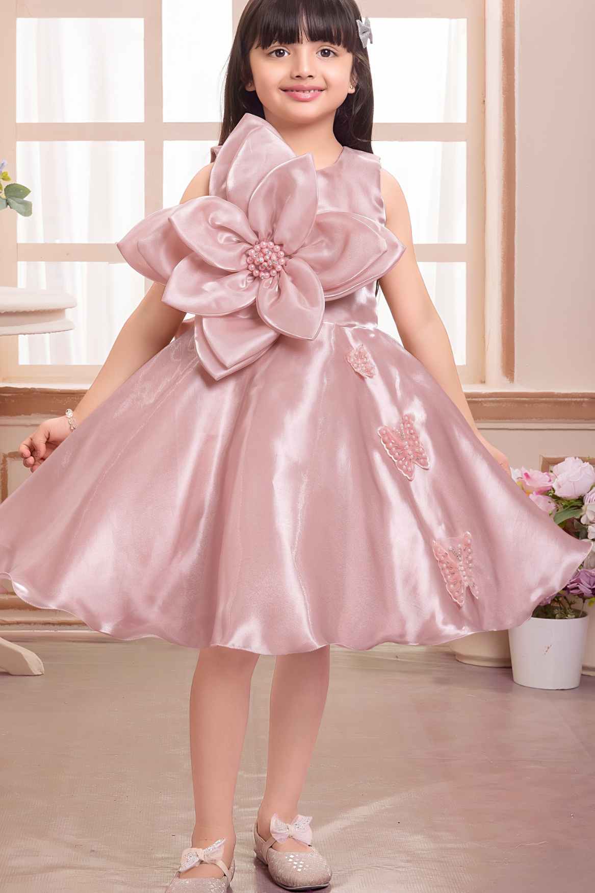Elegant Peach Floral And Butterfly Embellished Frock For Girls