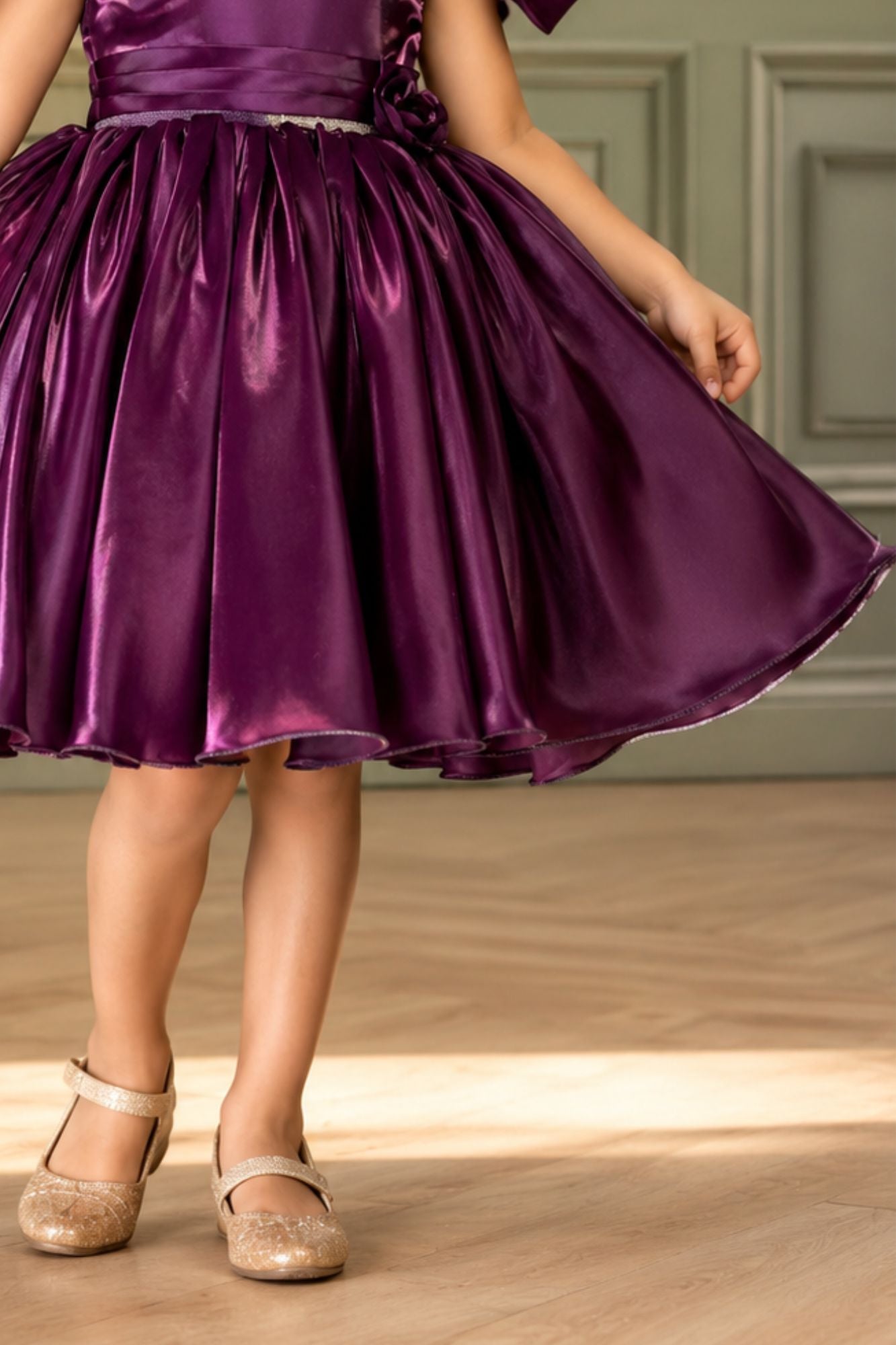 Wine Floral Embellishment With Stone Worked Frock For Girls