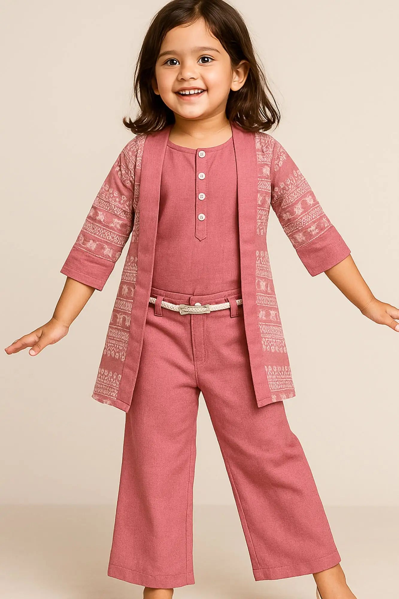Mauve Printed Three-Piece Co-ord Set with Belted Pants For Girls