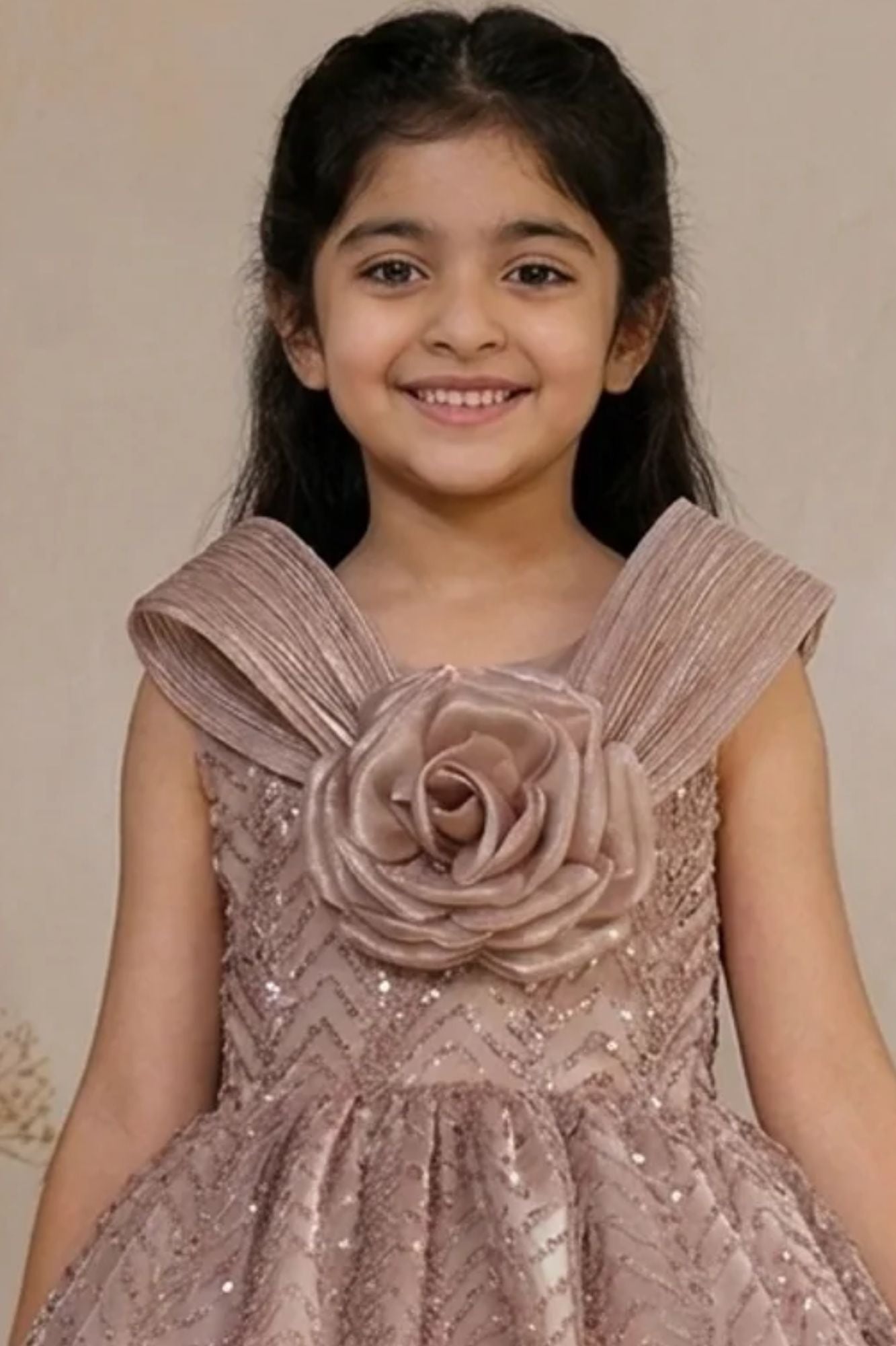 Girls Fawn Party Wear Frock with 3D Floral Bow And Sequin Detailing