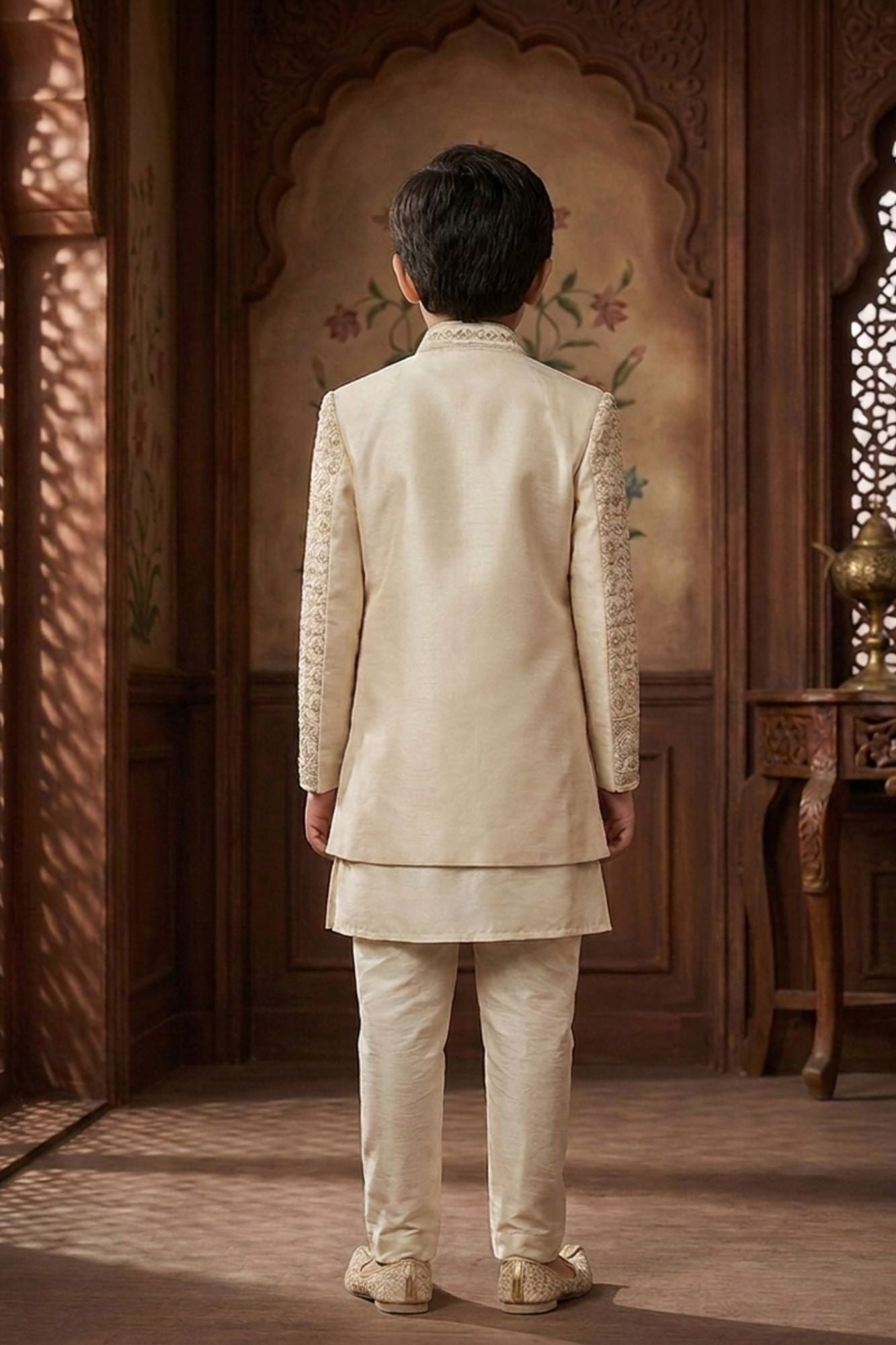 Ivory Embroidered Indo Western Sherwani Set For Boys