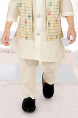 Cream Kurta Set With Embroidered Bandi For Boys