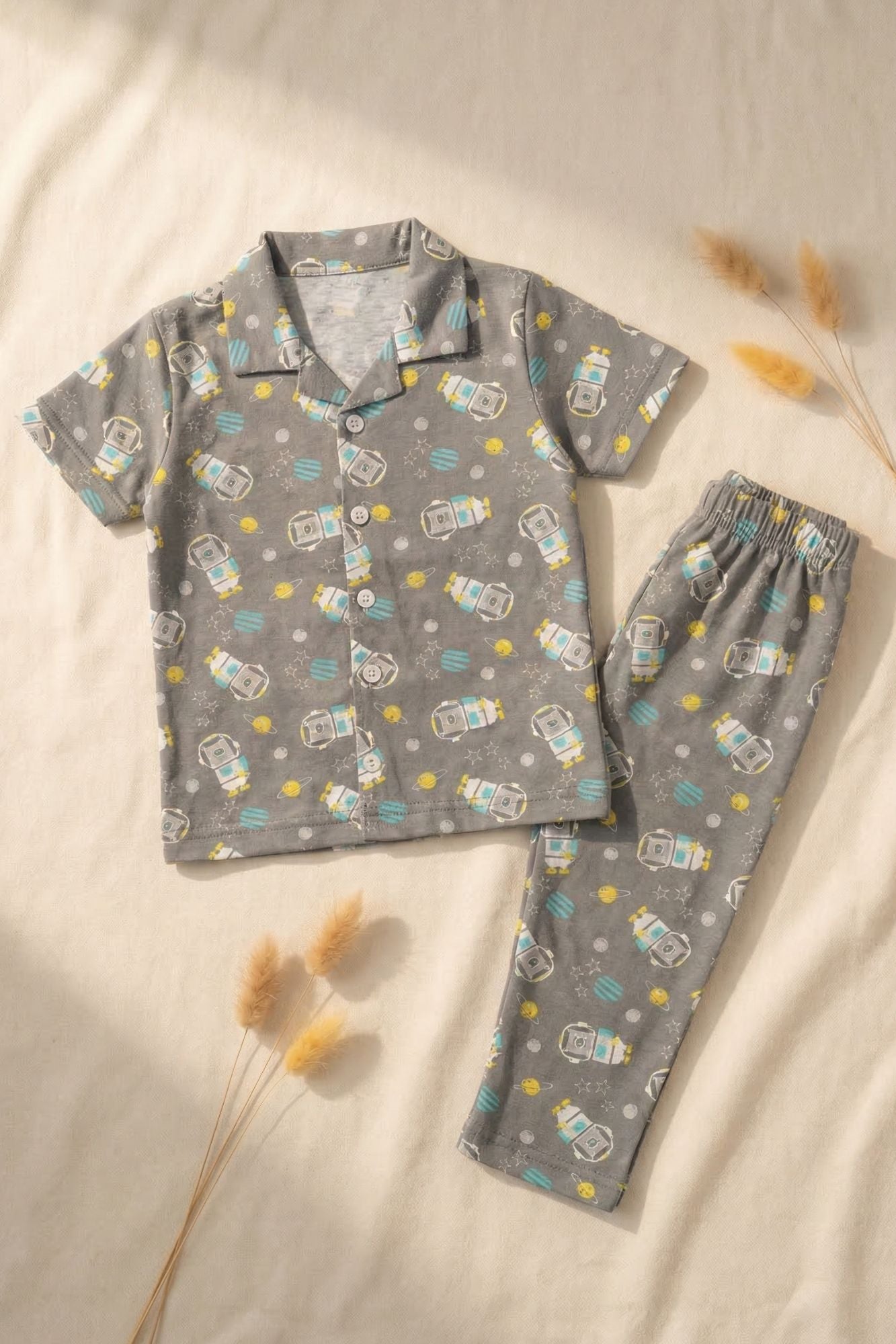 Grey Space Astronaut Print Cotton Night Suit Set For Boys