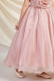 Designer Peach Embellished Rosette Party Gown For Girls