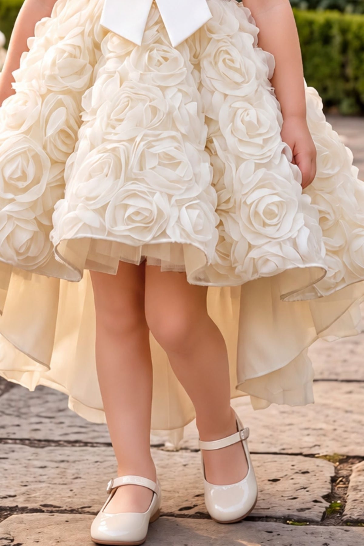 Girls Cream 3D Floral Net High-Low Party Frock With Statement Bow