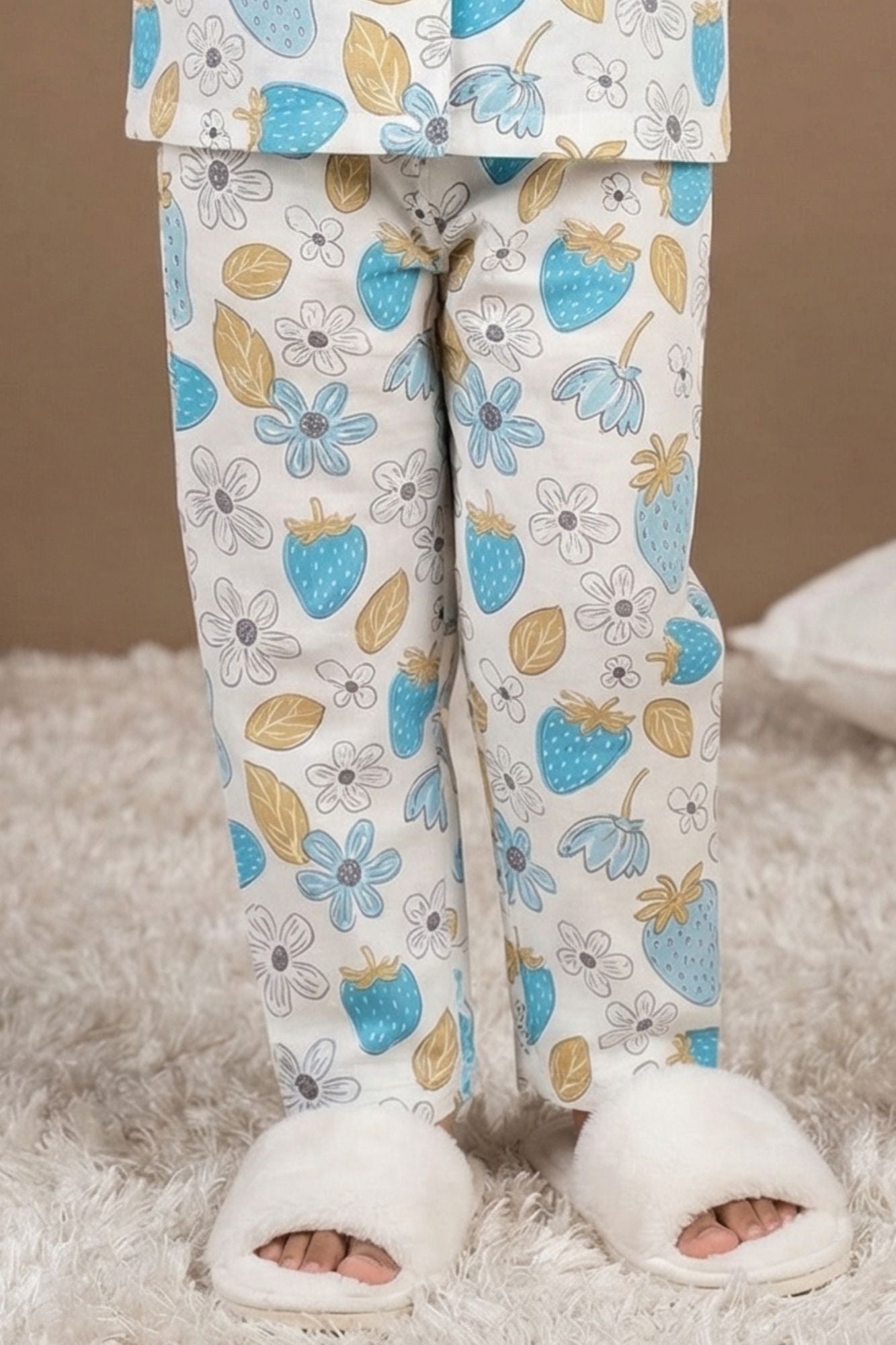 White Strawberry Floral Printed Night Suit Set For Girls
