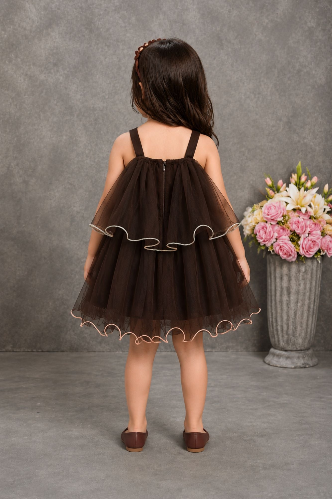 Brown Frock With Playful 3D Floral Applique