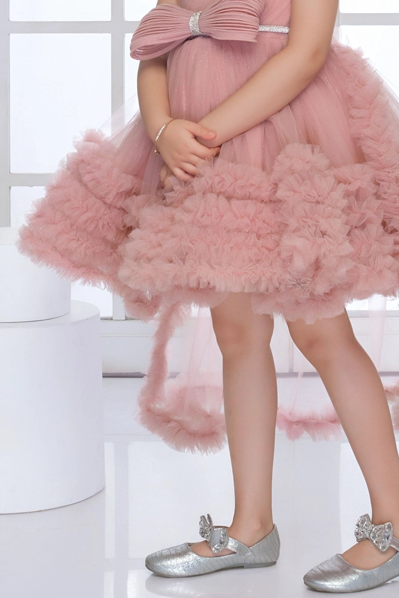 Onion Pink High-Low Tulle Party Frock with Oversized Bow For Girls