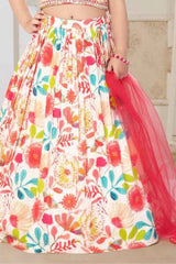 Cream Sleeveless And Mirror Work With Floral Printed Lehenga Choli Set For Girls