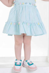 Sea Green Striped Cotton Casual Wear Frock For Girls