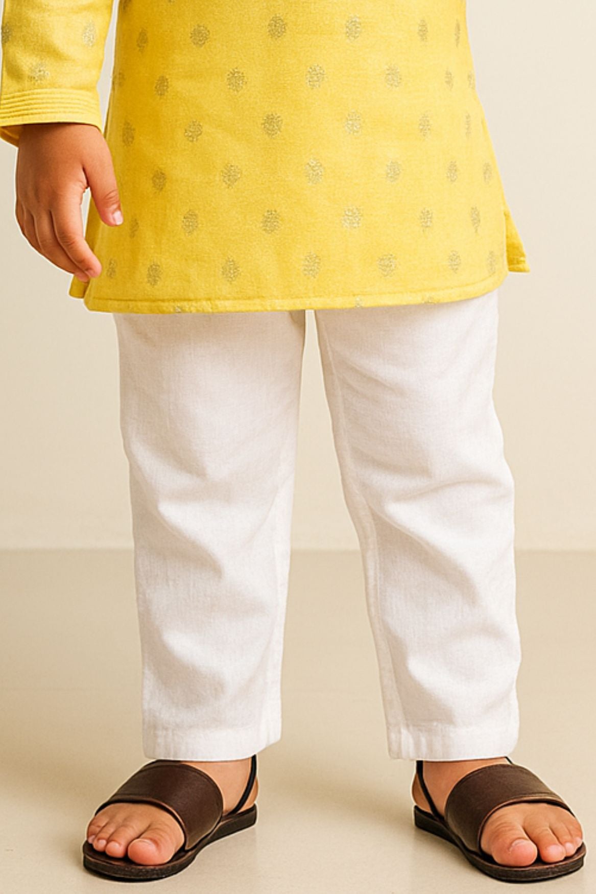 Yellow Printed Kurta Set With White Pants For Boys