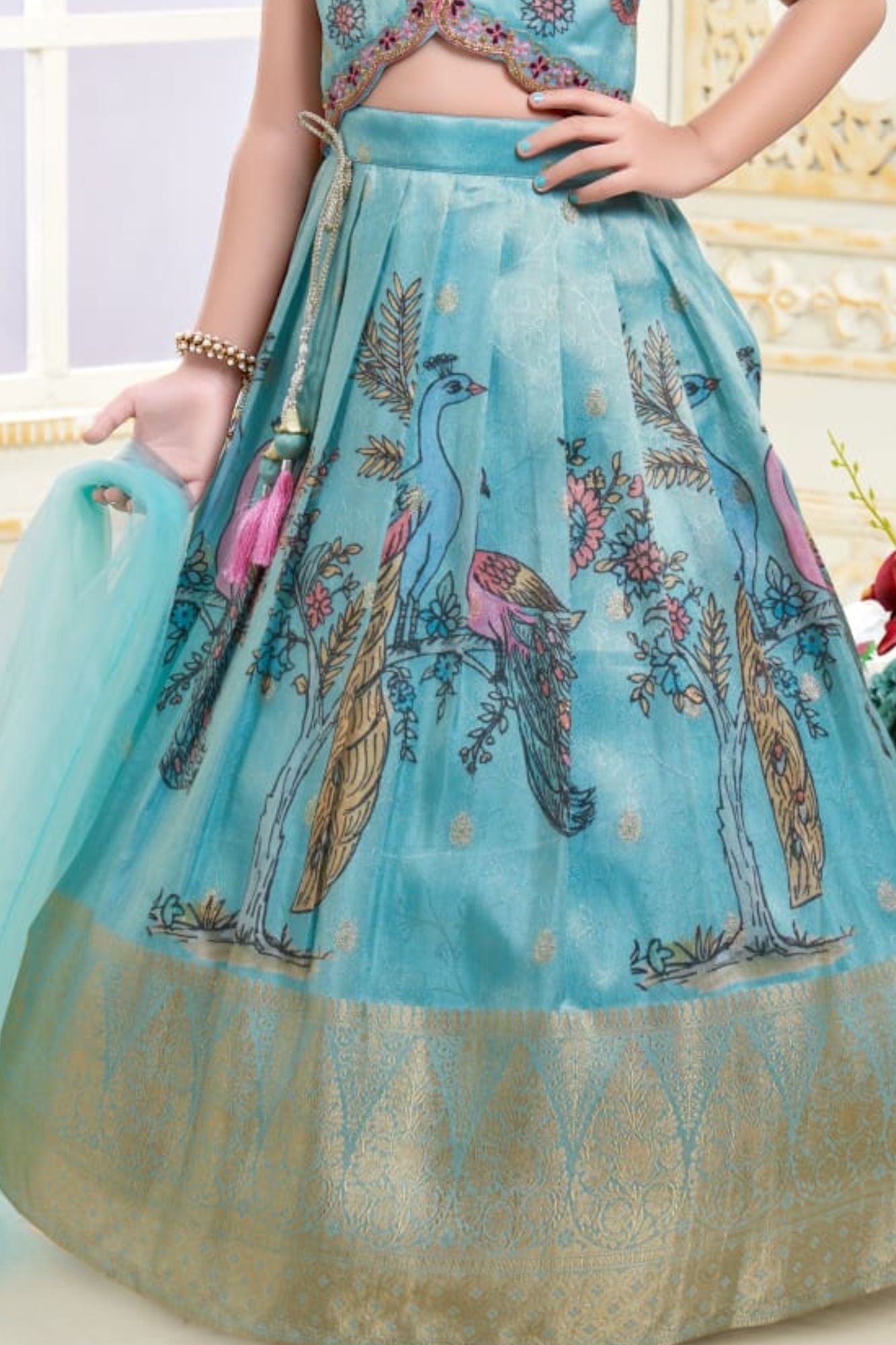 Teal Blue Peacock Printed Lehenga Choli Set with Embroidered Blouse For Girls