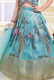 Teal Blue Peacock Printed Lehenga Choli Set with Embroidered Blouse For Girls