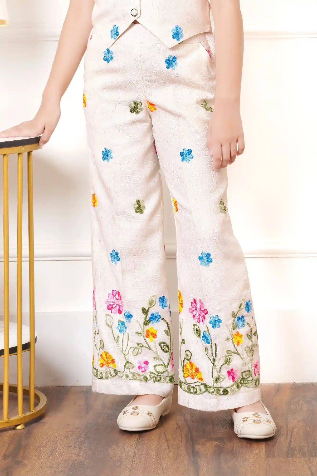 Cream Floral Embroidered Halter Co-ord Set for Girls