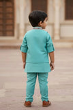 Teal Blue Embroidered Kurta Set with Nehru Jacket For Boys