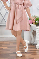 Peach Satin Frock With Floral Embellished For Girls