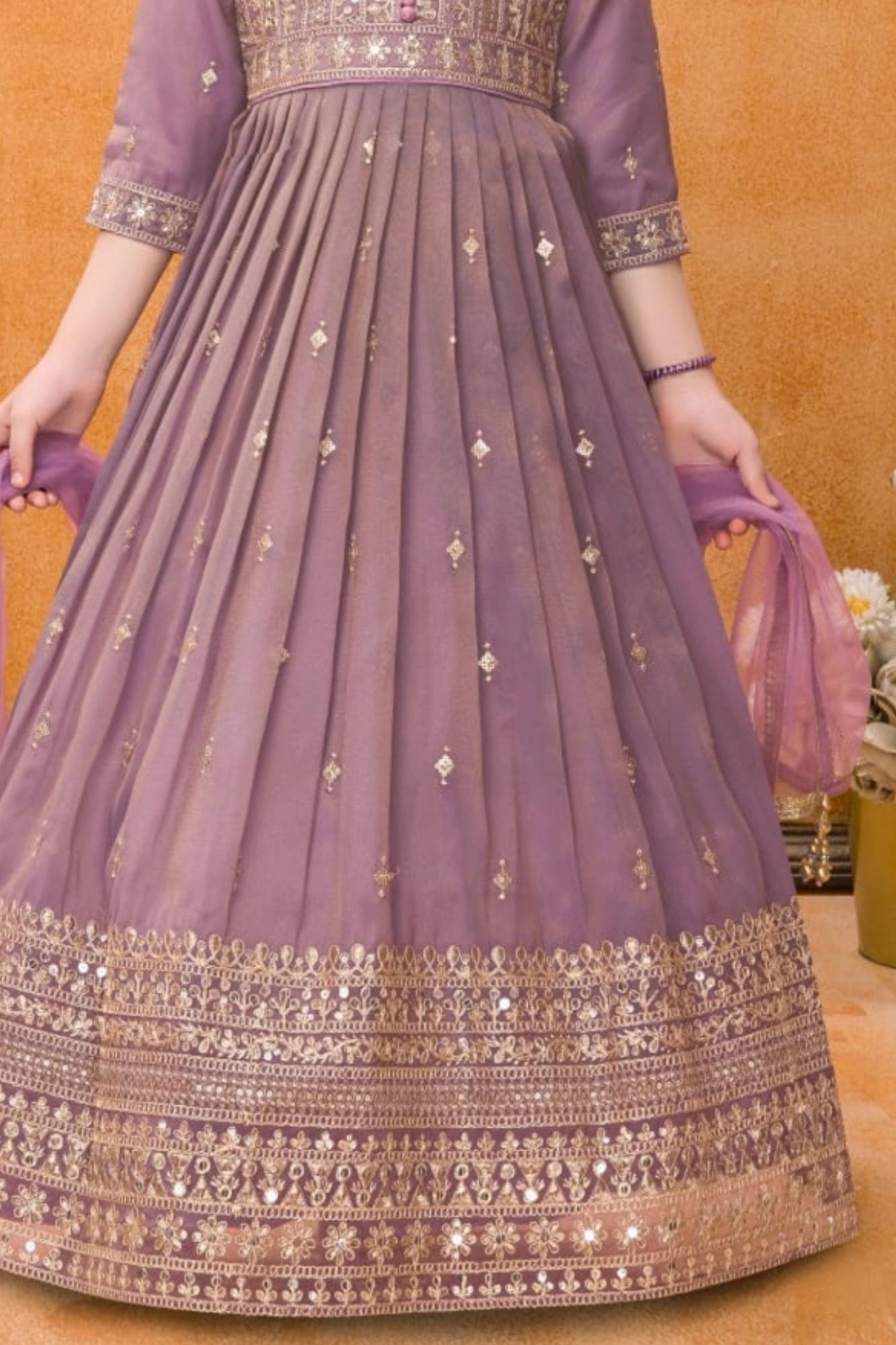 Lavender Embroidered Long Ethnic Gown with Dupatta For Girls