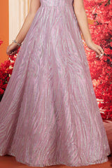 Peach Shimmer Printed And Pearl Embellished Party Wear Gown For Girls