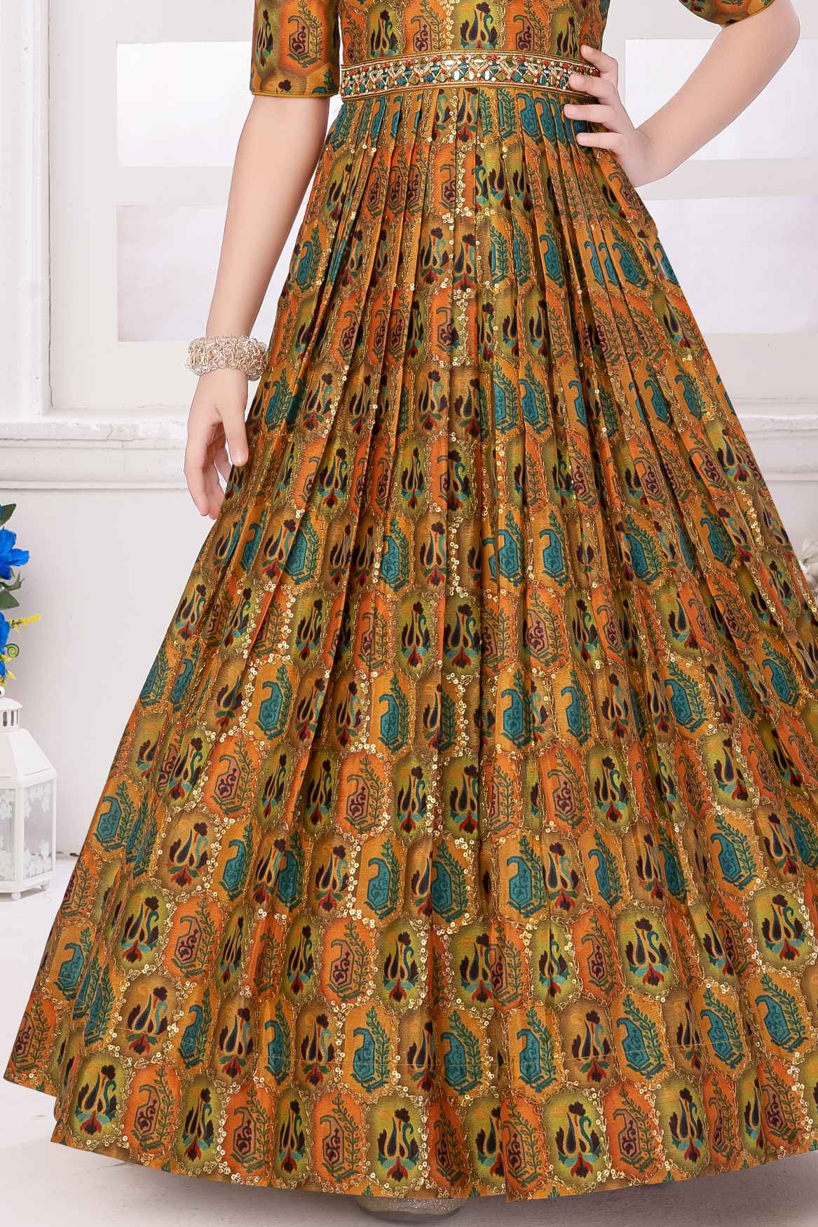 Gold Printed Ethnic Gown With Stone-Embellished Waistband For Girls 13-14Y(36) Gold Printed Ethnic Gown With Stone-Embellished Waistband For Girls 13-14Y(36)
