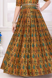Gold Printed Ethnic Gown With Stone-Embellished Waistband For Girls