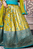 Blue And Mustard Brocade Pattu Pavadai Set For Girls