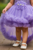 Purple Sequin Bodice High-Low Party Frock with Ruffle Layers For Girls