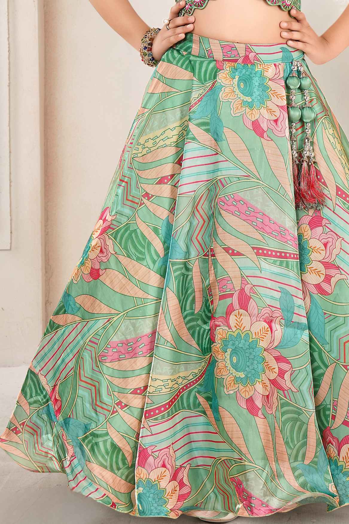 Green Mirror And Embroidery Work With Floral Printed Lehenga Choli Set For Girls