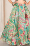 Green Mirror And Embroidery Work With Floral Printed Lehenga Choli Set For Girls