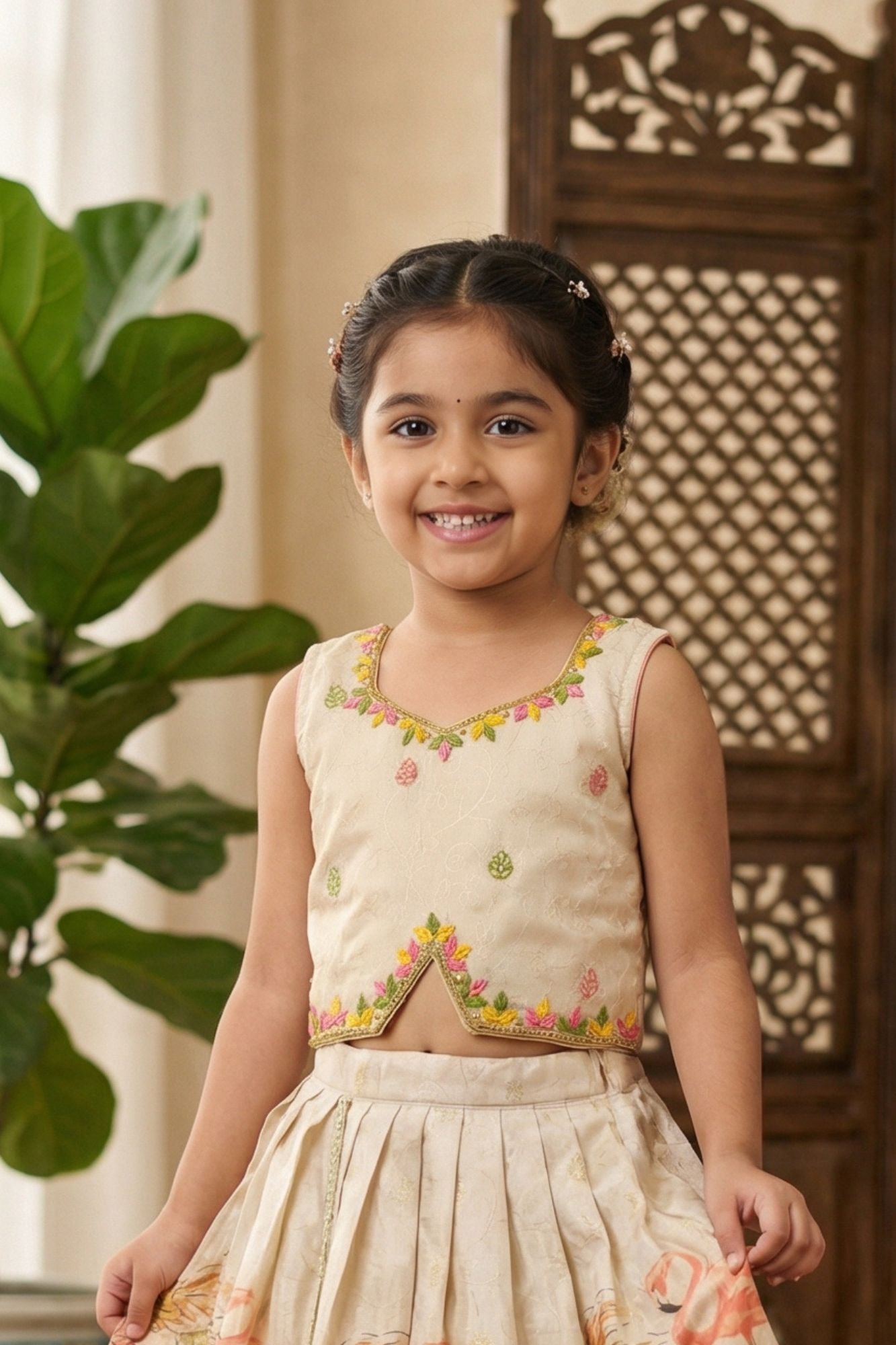 Ivory Printed Lehenga Choli Set with Embroidered Blouse For Girls