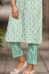 Green Printed And Stone Work Kurta With Pant Set For Girls