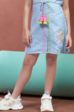 Girls Sky Blue  Shirt Dress with Neon Embroidery And Tassel Tie-Up Waist
