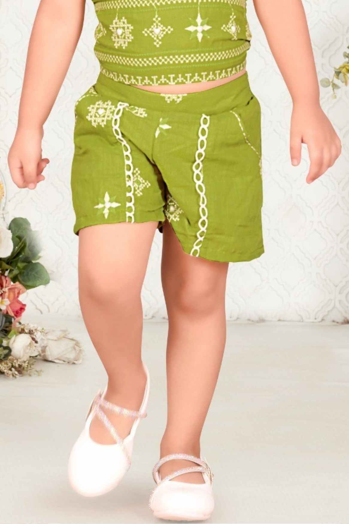 Stylish Green Thread Work Top And Shorts Set For Girls