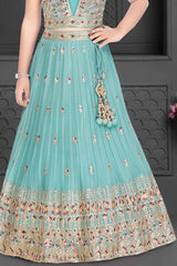 Blue Sequin and Embroidery Lehenga Choli Set For Girls