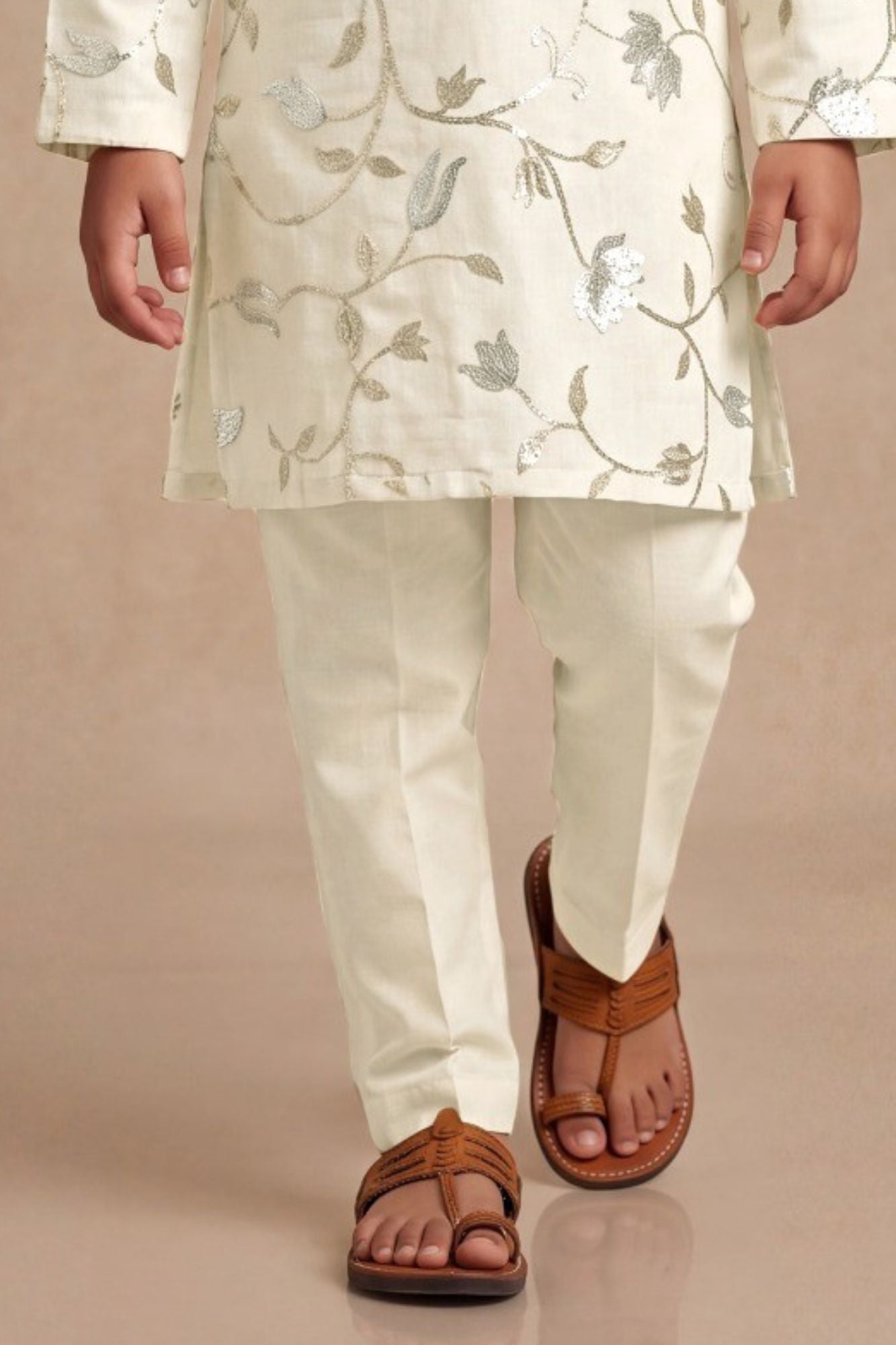 Boys Cream Kurta Pajama Set with Floral Gota Patti And Sequin Work