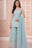Sky Blue Embroidered Palazzo Set with Dupatta For Girls