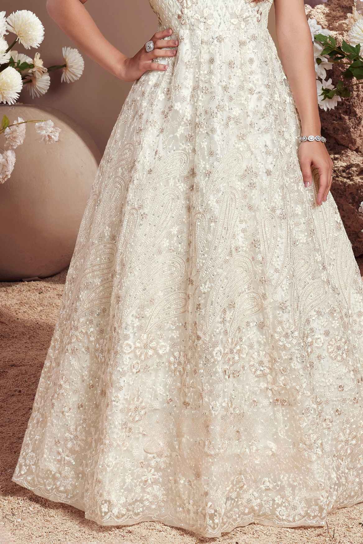 Cream Embroidered Party Wear Gown With Sequin Work For Girls