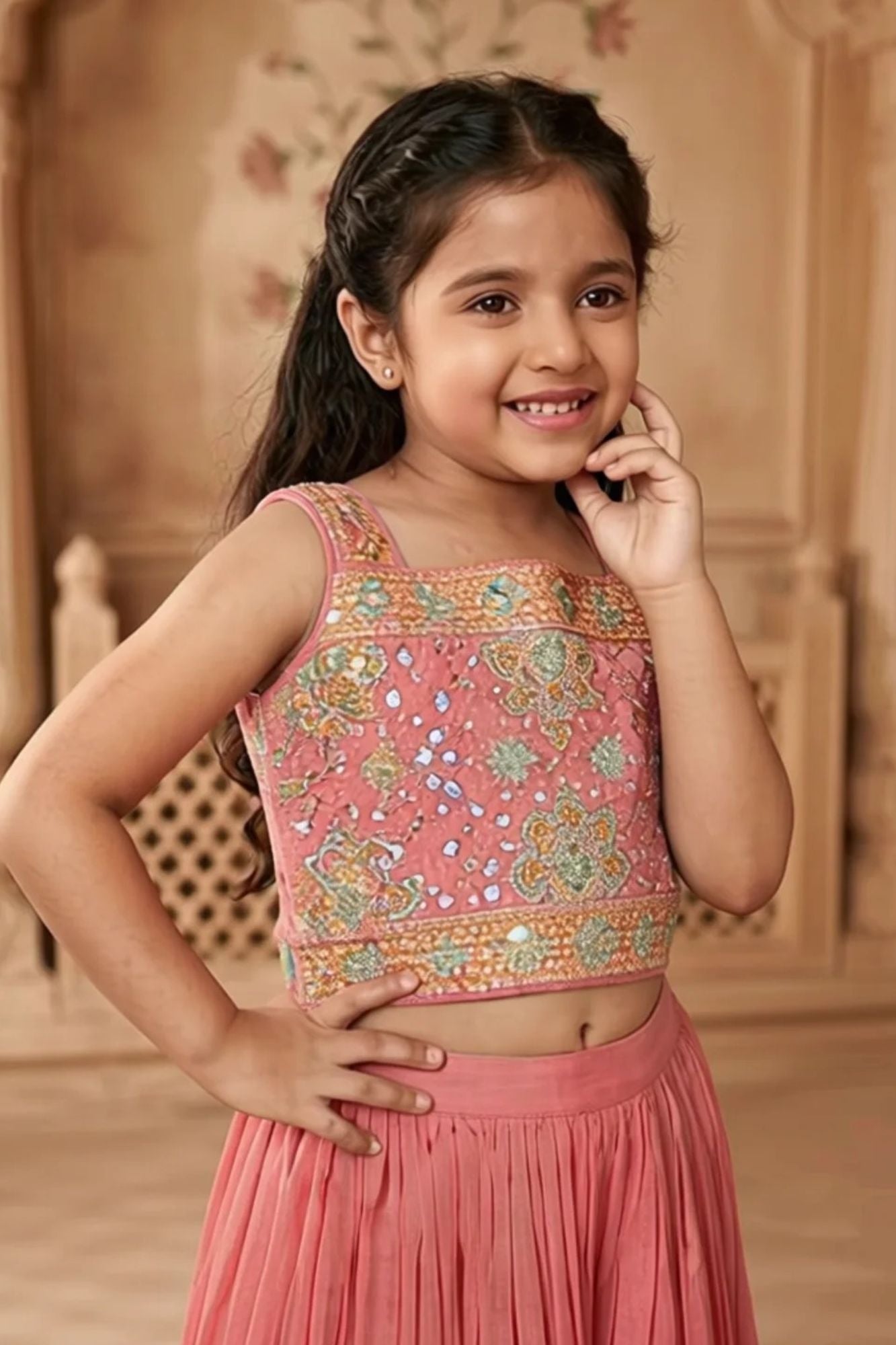 Girls Dusty Pink Embroidered Palazzo Set with Jacket And Crop Top