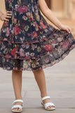 Black Floral Tiered Frock with Smocked Collar Dress For Girls