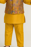 Mustard Yellow Kurta Set With Multicolor Brocade Jacket For Boys