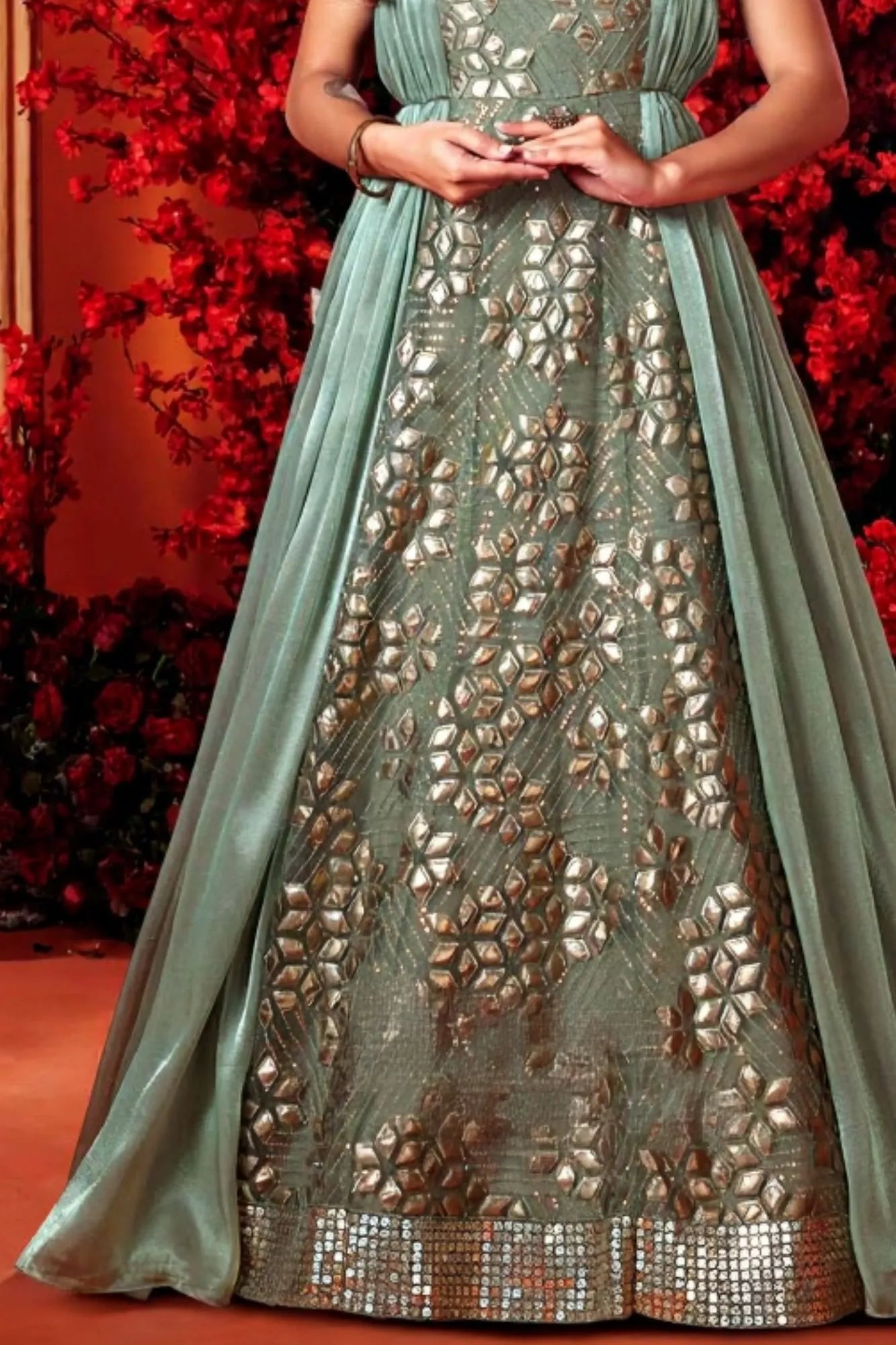 Designer Olive Green Festive Gown with Layered Cape Look For Girls