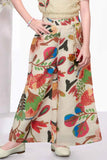 Beige Crochet Top with Multicolor Wide-Leg Pants Set For Girls