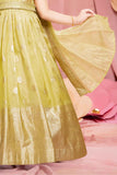 Ethnic Lemon Yellow Brocade Gown With Sequin Embroidery For Girls