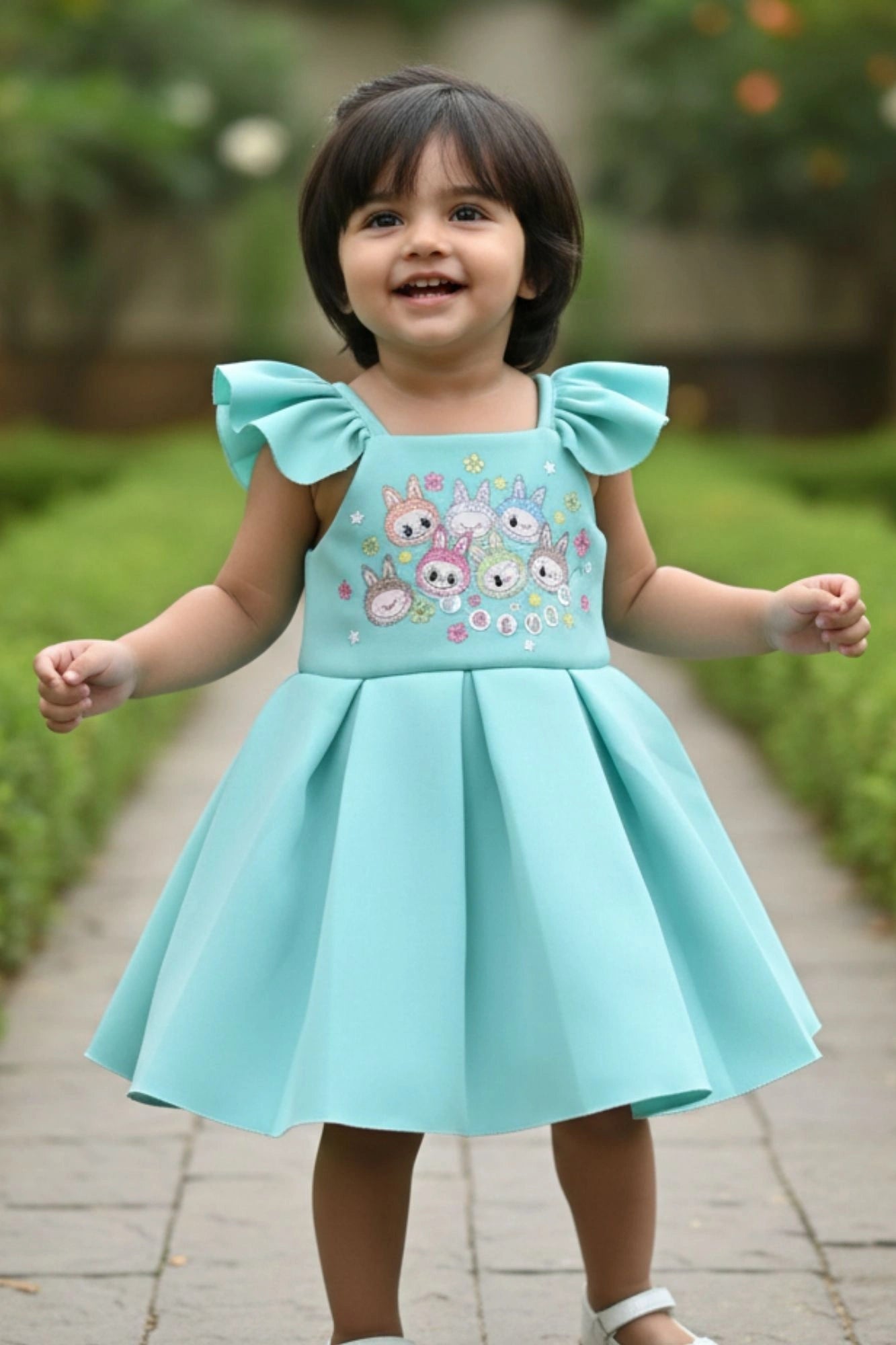 Aqua Blue Cartoon Printed Party Frock For Girls