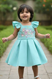 Aqua Blue Cartoon Printed Party Frock For Girls