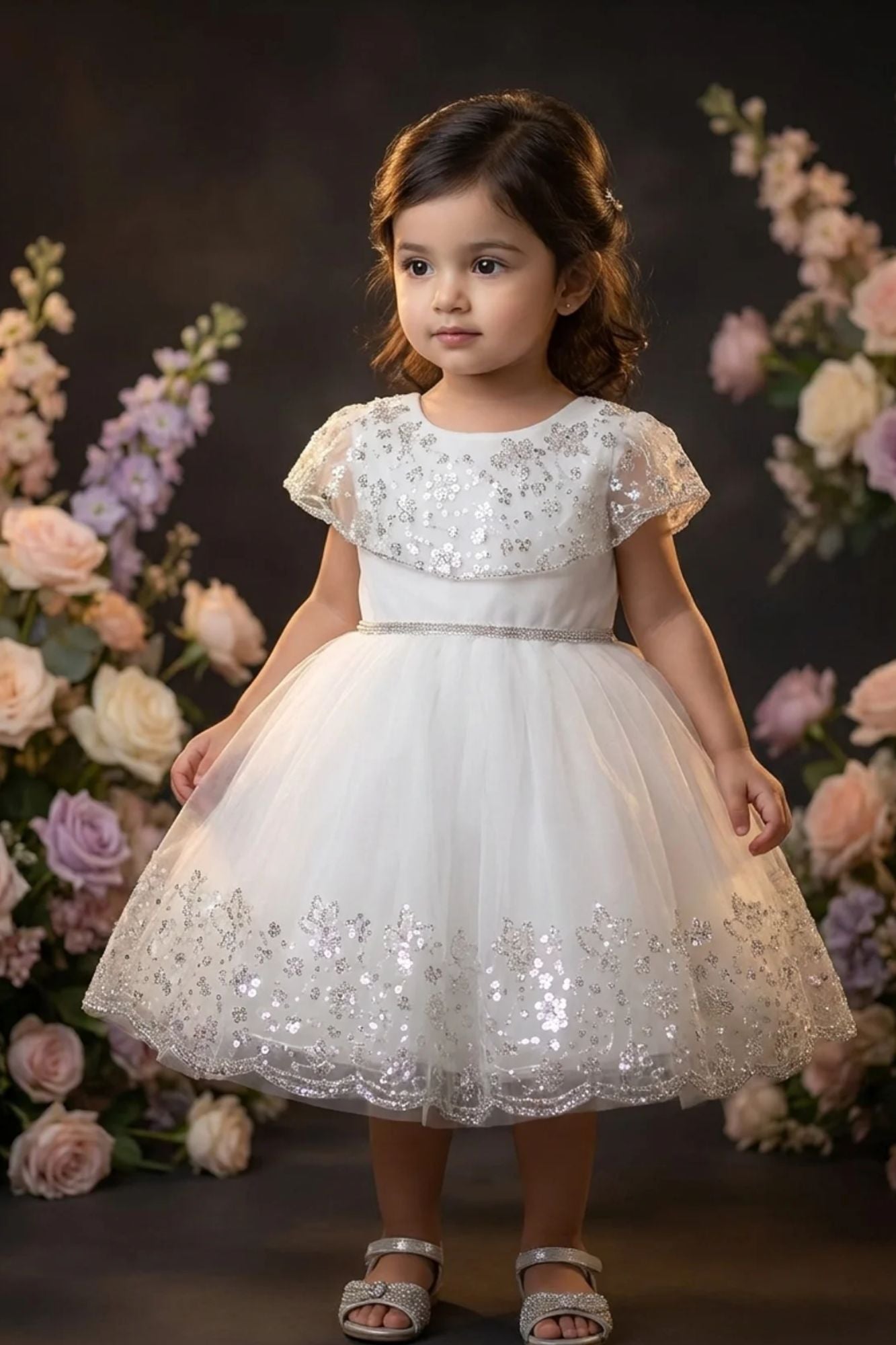 Girls White Party Wear Frock with Sequin Embellishments