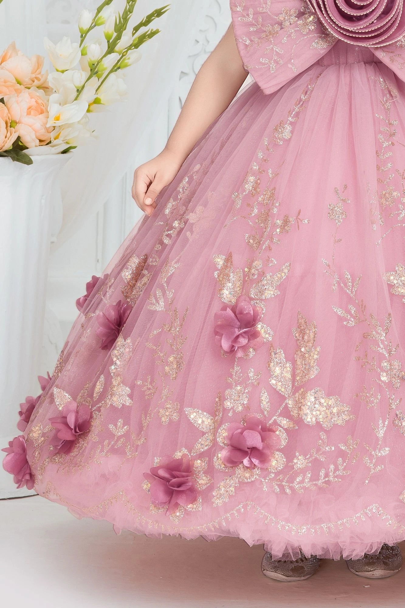 Pink Ball Gown with Oversized Rosette Bow & 3D Floral Applique For Girls