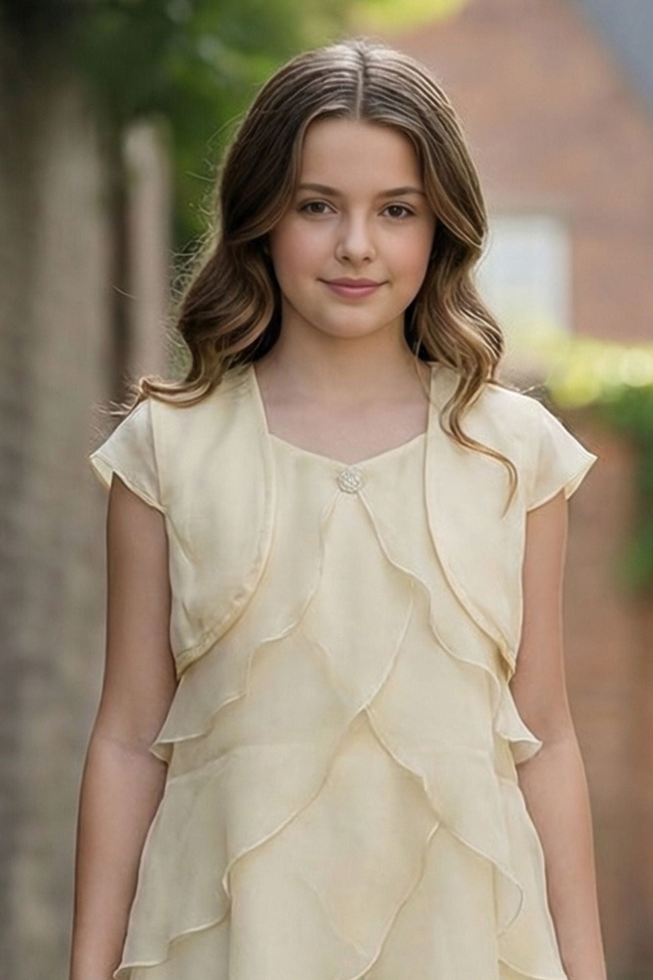 Cream Layered Ruffled Party Dress With Shrug For Girls