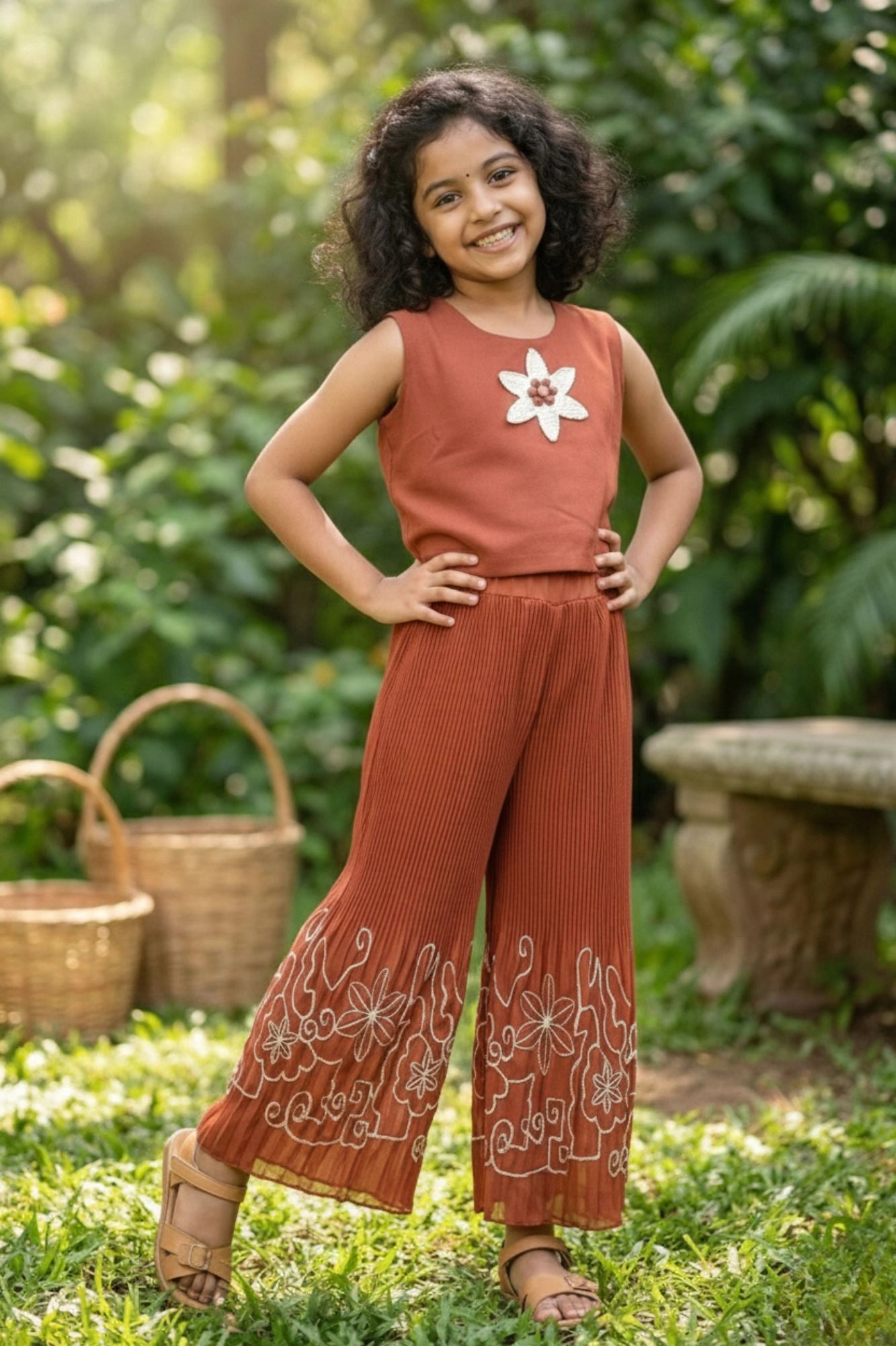 Brown Co-ord Set with Cream Lace Jacket & Floral Motif Top For Girls