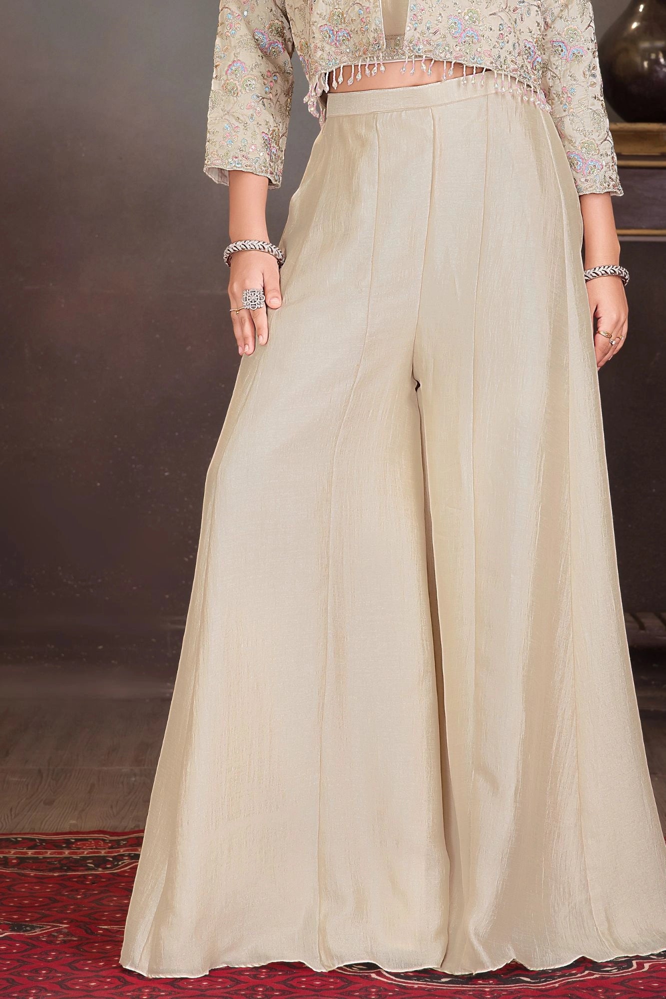 Cream Embroidered Palazzo Set with Crop Top & Jacket For Girls