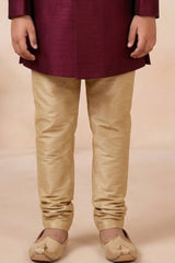Elegant Boys Wine Sherwani with Gold Motif Embroidery And Pyjama Set